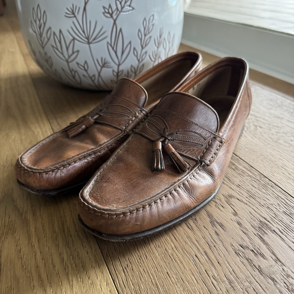 Santoni Tassel Loafers Men's Size 11 Made Italy Brown Leather Dress Shoes Luxury